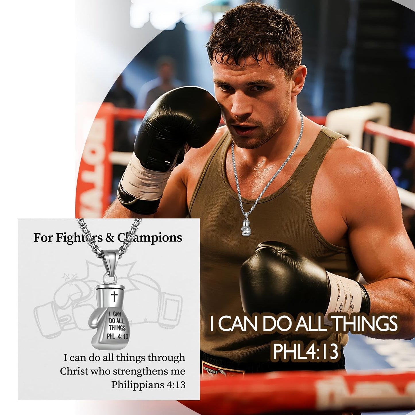 Champion's Strenght: "I Can Do All Things' Boxing Glove Necklace"